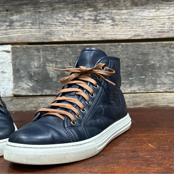 GUCCI Men’s Microsoft Blue Leather High-Top Sneakers White Laces US sz 8 - Picture 8 of 13